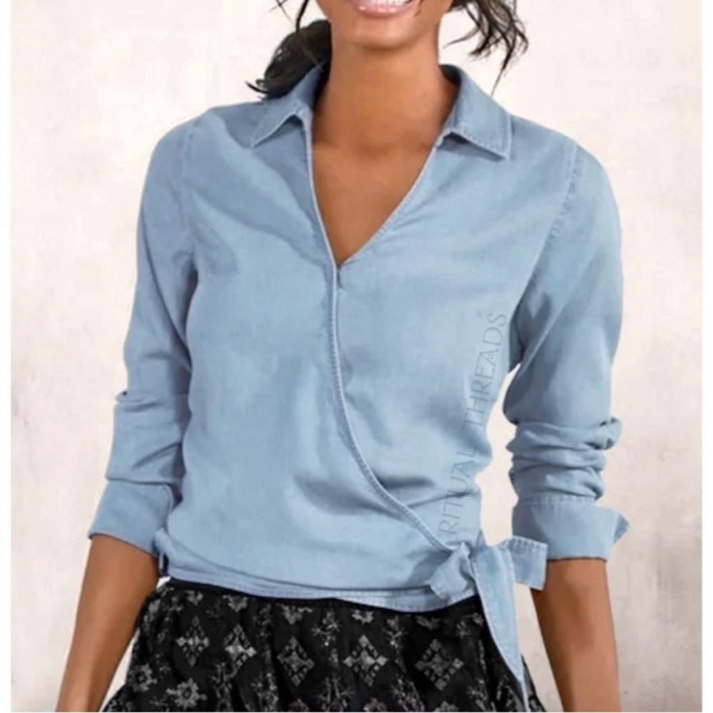 Soft Surroundings Light Blue Chambray Tencell Wrap Blouse
